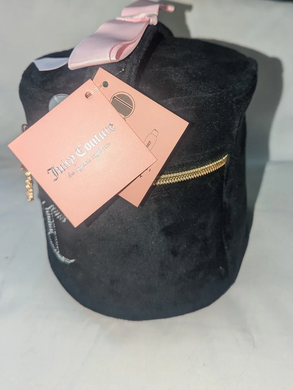 Juicy Couture NWT Black Velvet Cosmetic Case with Pink Bow and Rhinestones
